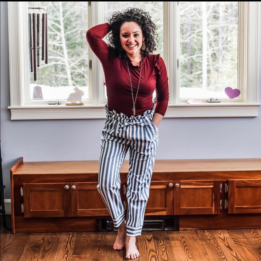Grey and white striped paper bag pants